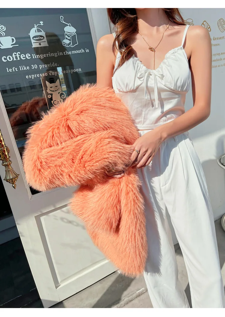 Women Imitation Fox Faux Montage Jacket Lapbel Female Loose Medium Long Coat Elegant Thermal High Street Plush Coats Winter