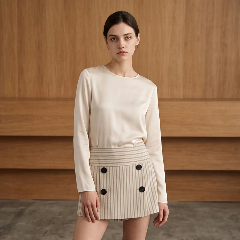 Beige Vertical Stripe Skort High Waist Double Breasted Button Decor Mini Skirt 2026 Autumn Daily Commute Street Casual Bottom