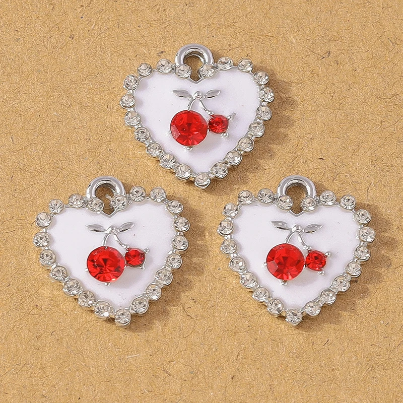 10pcs Chic Enamel Crystal Cherry Love Heart Charms Pendants for Necklace Earrings DIY Bracelet Jewelry Accessories Supplies