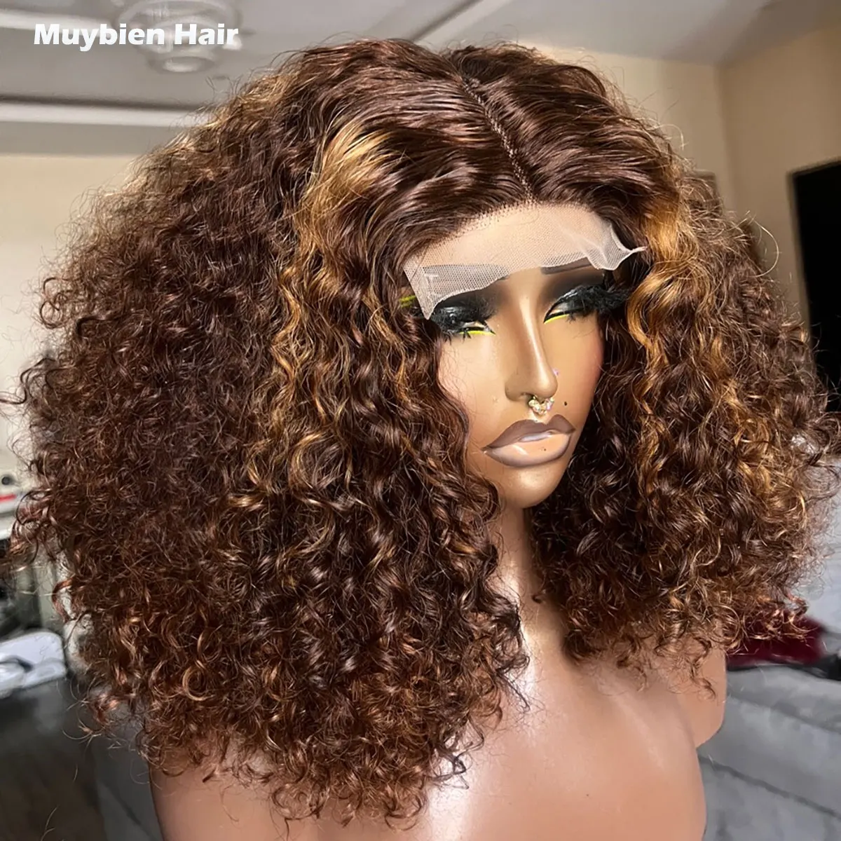 

Парик из натуральных волос Piano Color Super Double Drawn Pixie Curls с закрытием 4x4, кружевной фронт 13x4, с мелированием P4/27, кудрявый, без клея