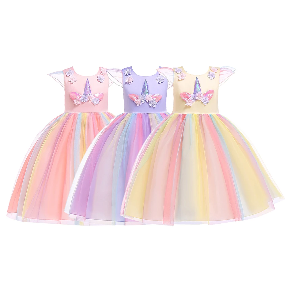 Little Girls Banquet Party Lovely Clothing with Unicorn Decoration Princess Style Cosplay Dress Multi Color Perfect Combination