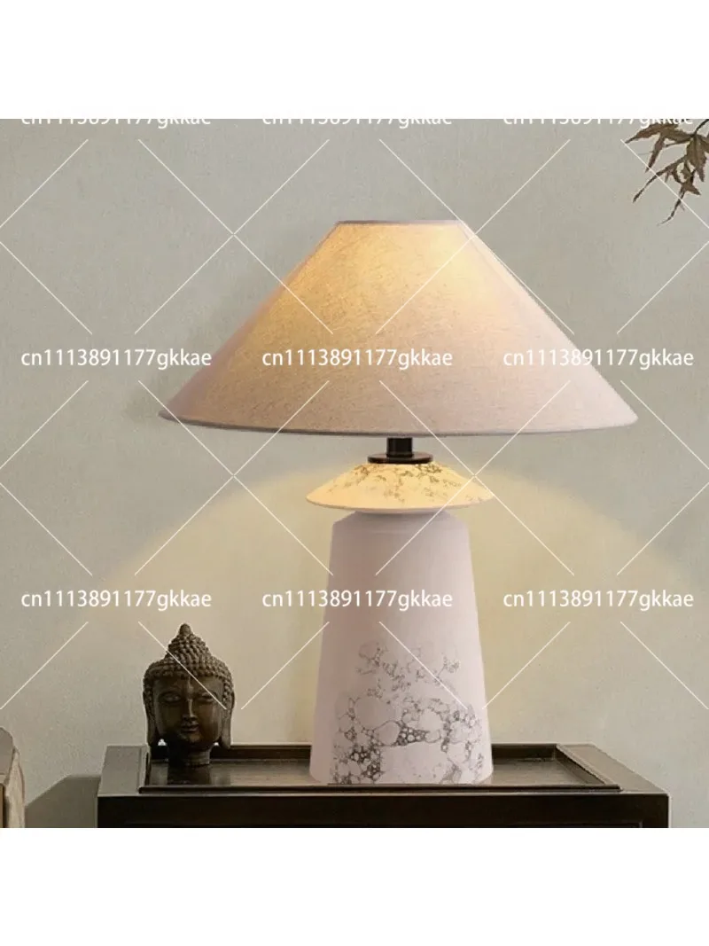 Handmade Ceramic Table Lamp, Cream Glaze Pot Lamp with Japanese Paper Shade, Retro Wabi Sabi Nightstand Light