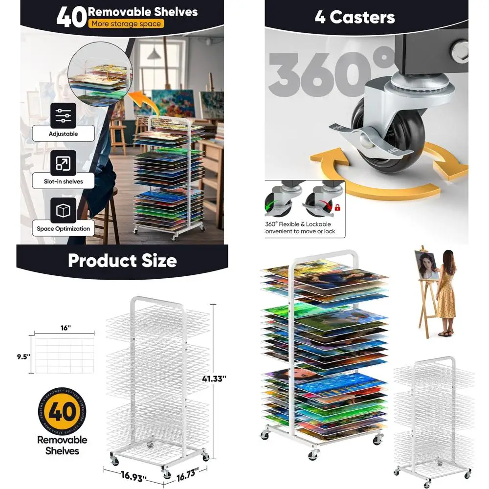 

Portable Metal Paint Drying Stand with 40 Adjustable Shelves, Lockable Wheels, Ideal for Art Studios and Classrooms, White