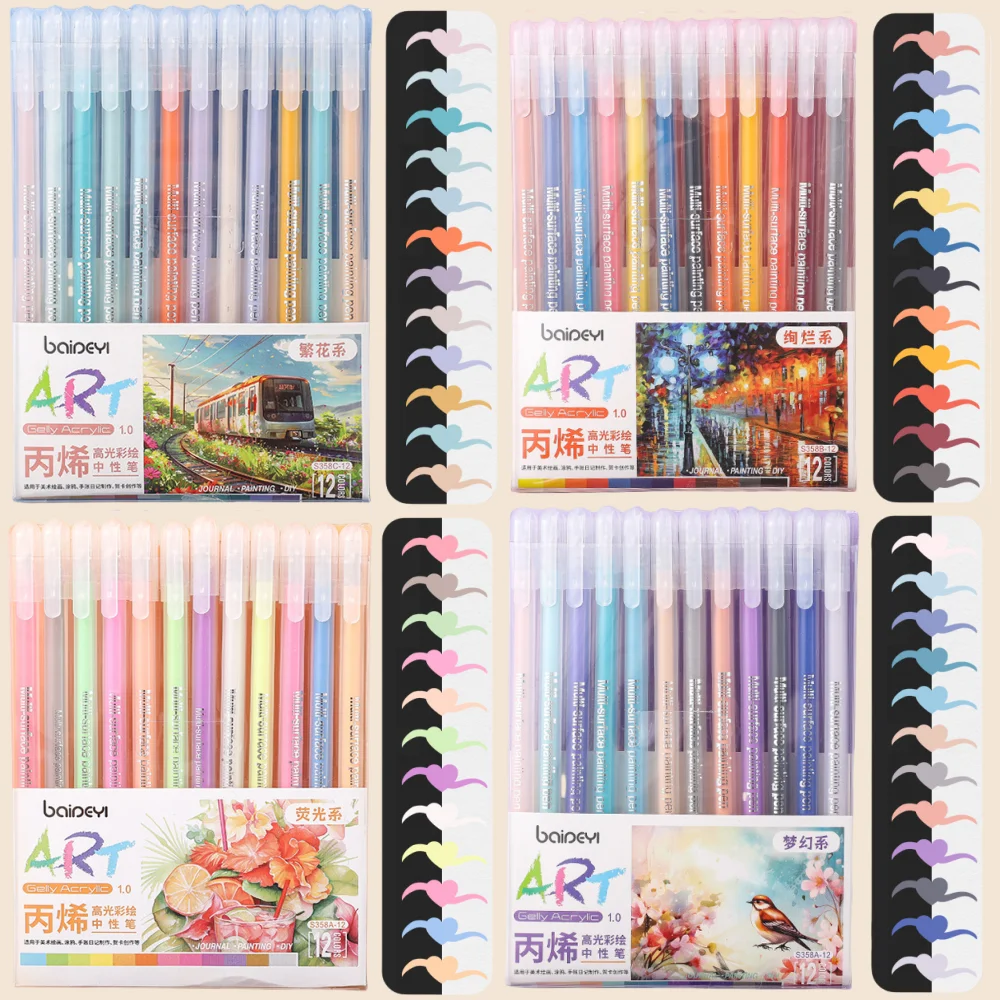 48 Colors Acrylic Highlight Gel Pen Set 1.0mm Tip for Student Hand Book Journaling Drawing Doodling Gel Pens Stationery Supplies