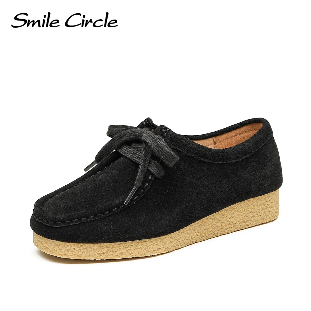 Smile Circle Wallabee Suede Leather Flat Shoes Women Lace-up Derby Shoes Autumn Casual Oxfords