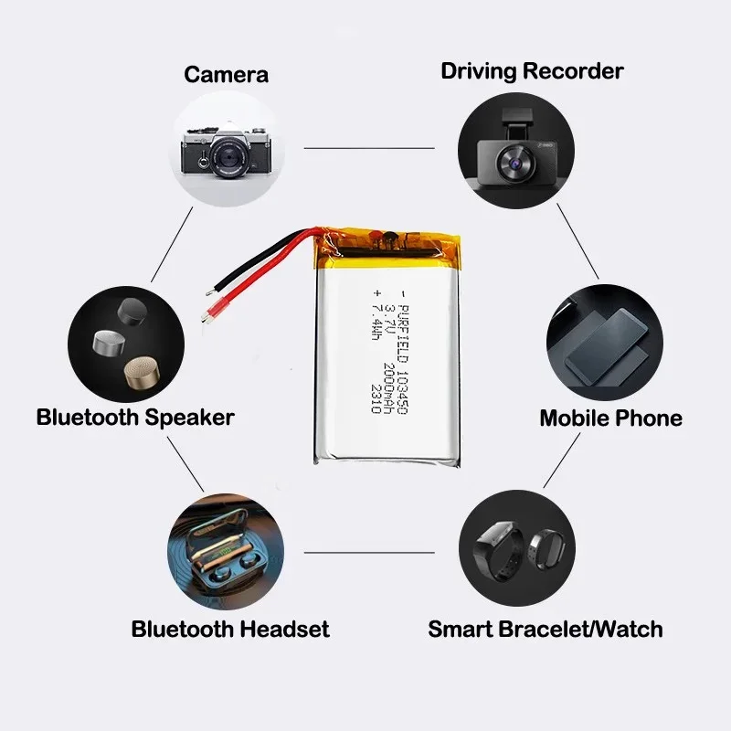 PURFIELD 103450 2000mAh Lipo Polymer Lithium Rechargeable Battery For GPS navigator MP5 Bluetooth Speaker headset camera e-book