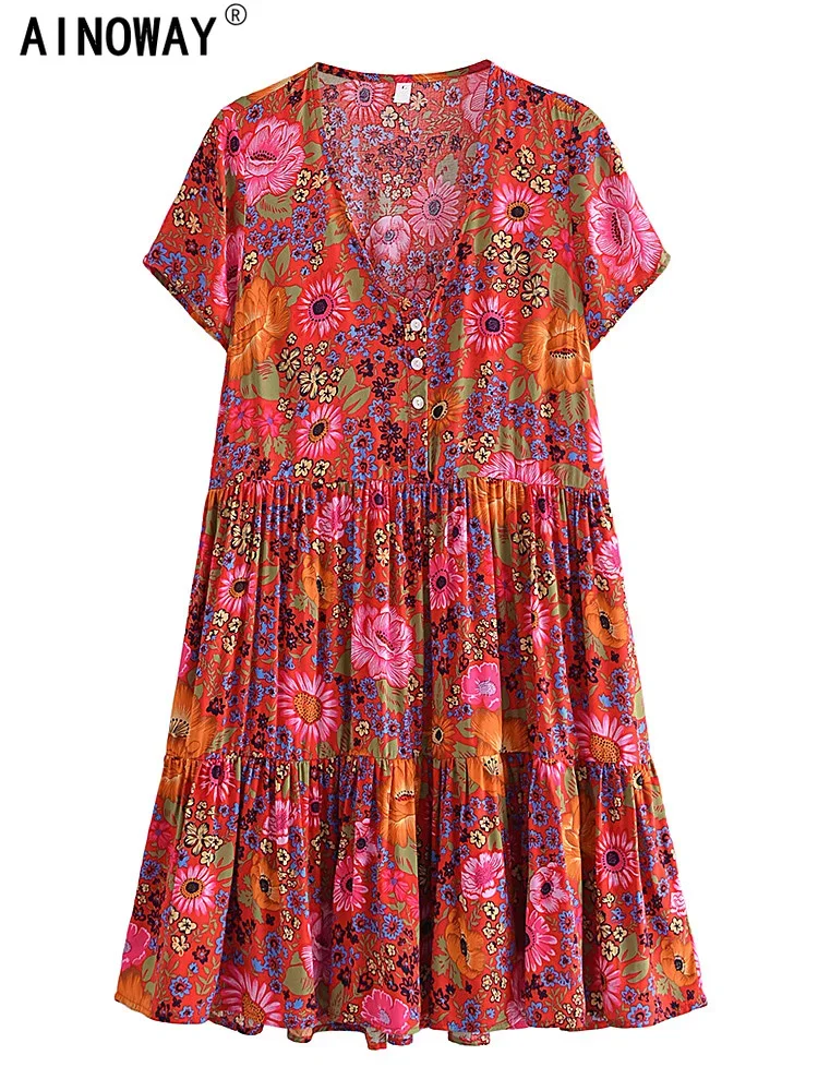 VintageChicWomenShortSleeveFloralPrintFashionBeachBohemianMiniDressLadiesV-neckSummerRayonCottonBohoDresses-AliExpress200000345