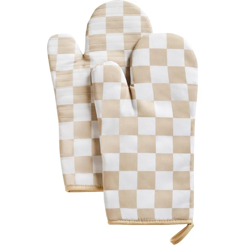 

Vintage Beige Checkerboard Oven Mitts (1 Pair 7x13 Inch) - Heat Resistant Non-Slip Silicone Kitchen Gloves