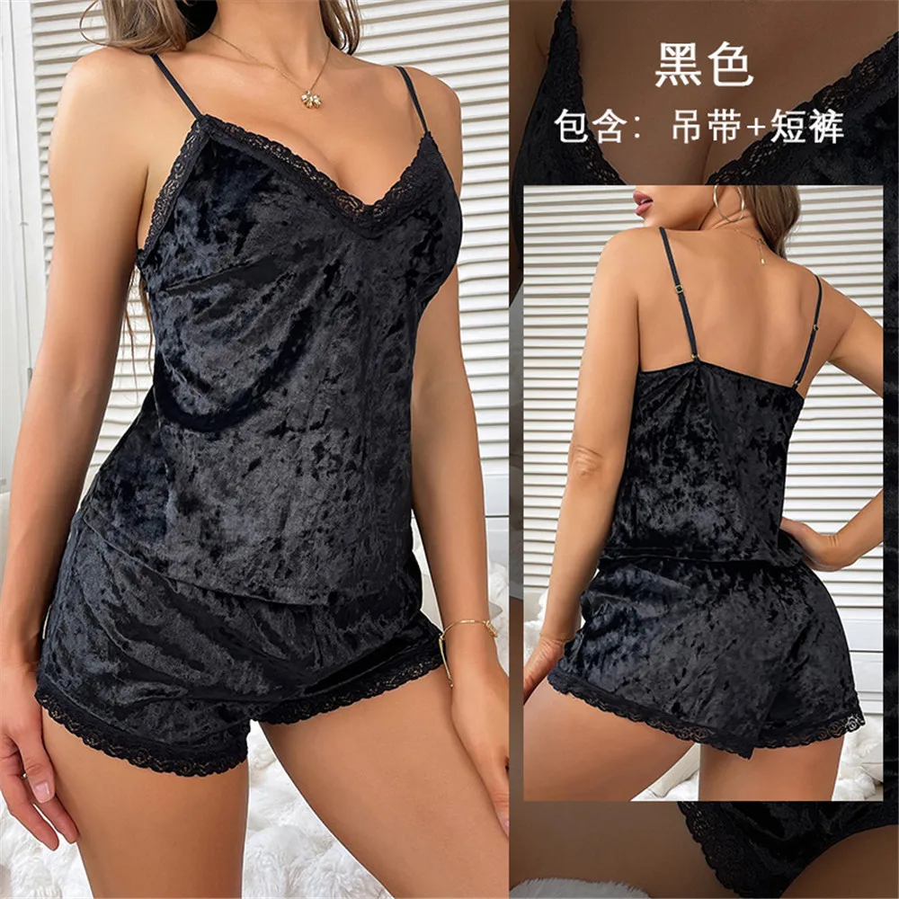 

Velour Sling Shorts Nightwear Women Casual Home Clothing Pajamas Suit Homewear Intimate Lingerie Sleep Set Pyjamas