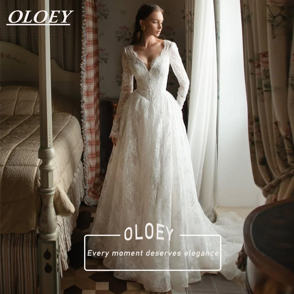 OLOEY Luxury Sequined Lace A-Line Wedding Dresses V Neck Full Sleeves Bridal Gowns Customized Robe De Mariage Sweep Tail
