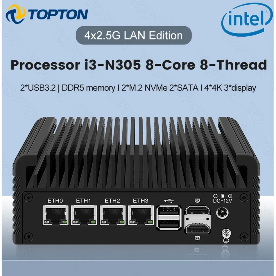 2.5G Fanless Mini PC Intel i3 N355 N305 N150 N100 4xi226-V LANs DDR5 Type-C 6*USB 2*NVMe 2*SATA Firewall Router Proxmox pfSense