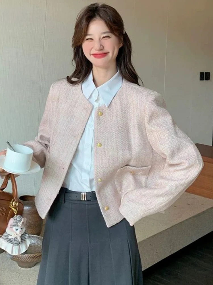 Elegant Women Sweet Pink Jacket Casual Long Sleeve Slim Coat Fall French Vintage O Neck Female All Match Small Fragrance Tops