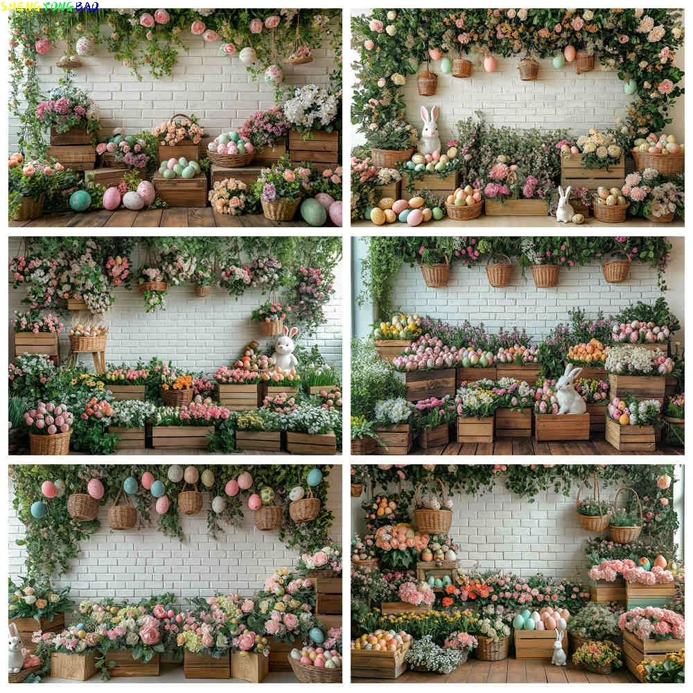

Spring Colorful Floral Rustic Wall Easter Day Background Garden Flowers Birthday Party Rabbit Eggs Photography Backdrop CF-01