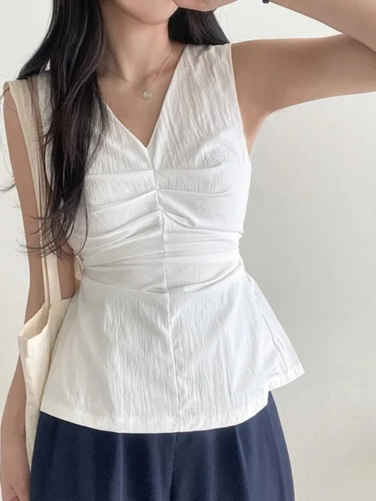 Women's Svel V-Ne irt Vest Pleated Bustier Slimming Hollow out Ba Versatile  irt Top Cotton  Color