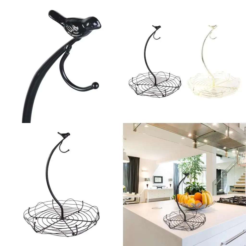 

Durable Bird Deisgn Iron Fruit Organizers Bowl Durable Metal Fruit Basket with Convenient Banana Holder for Home Use Q5WC