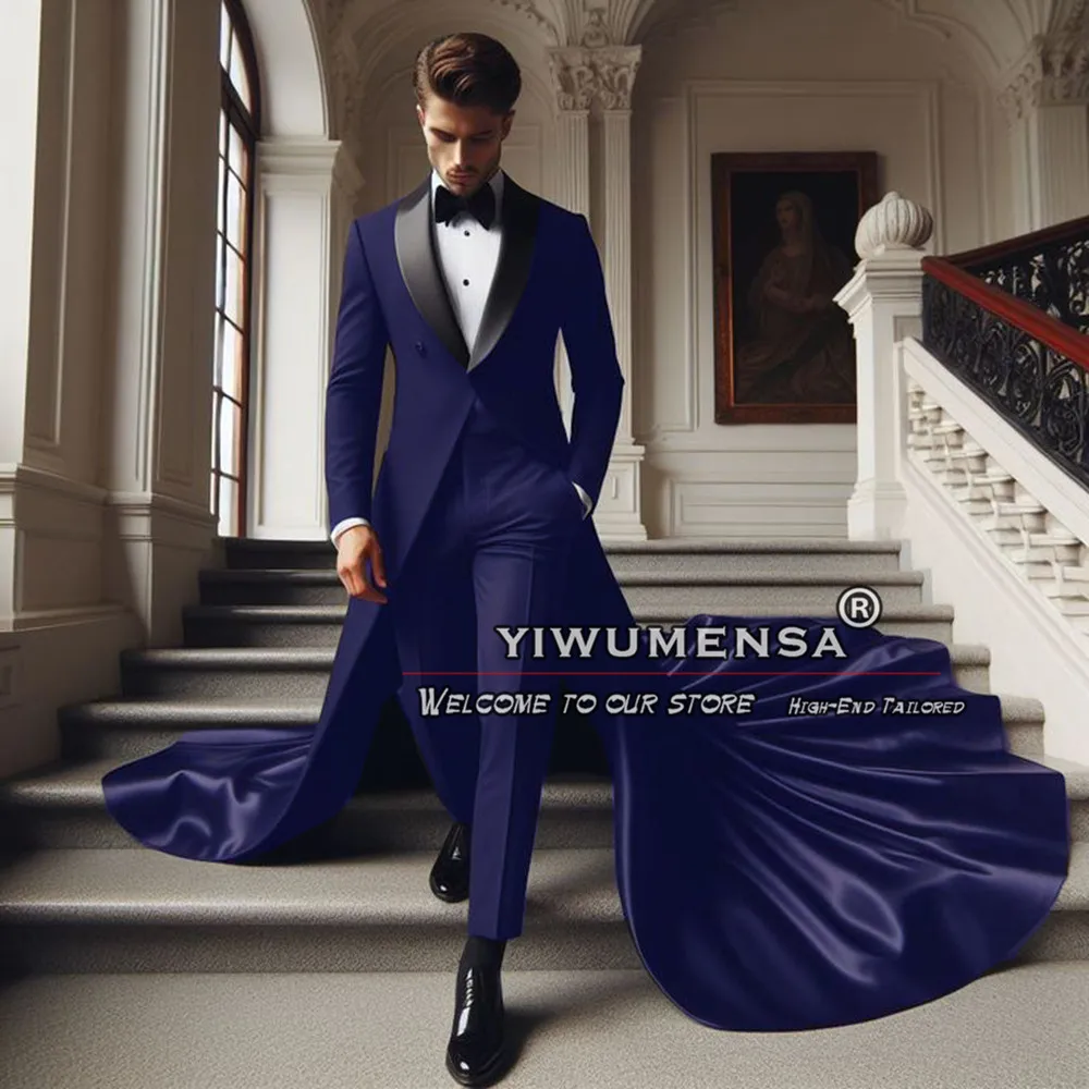 Luxury Groom Wedding Suits For Men Slim Fit Black Shawl Lapel Long Coat Pants 2 Pieces Male Fashion Prom Tuxedos Costume Homme