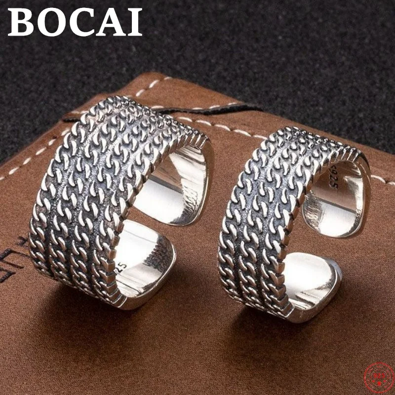 

BOCAI S925 Sterling Silver Charms Rings for Men Women New Fashion Simple Weaven Pattern Adjustable Punk Jewelry Free Shipping