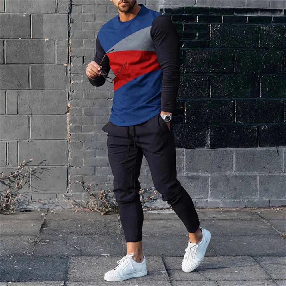 Fashion Men\'s Long Sleeve T-shirt Set Sports Pants New 3D Printed Casual Male Clothes Oversized Tracksuits 2 Piece Suit Jogging