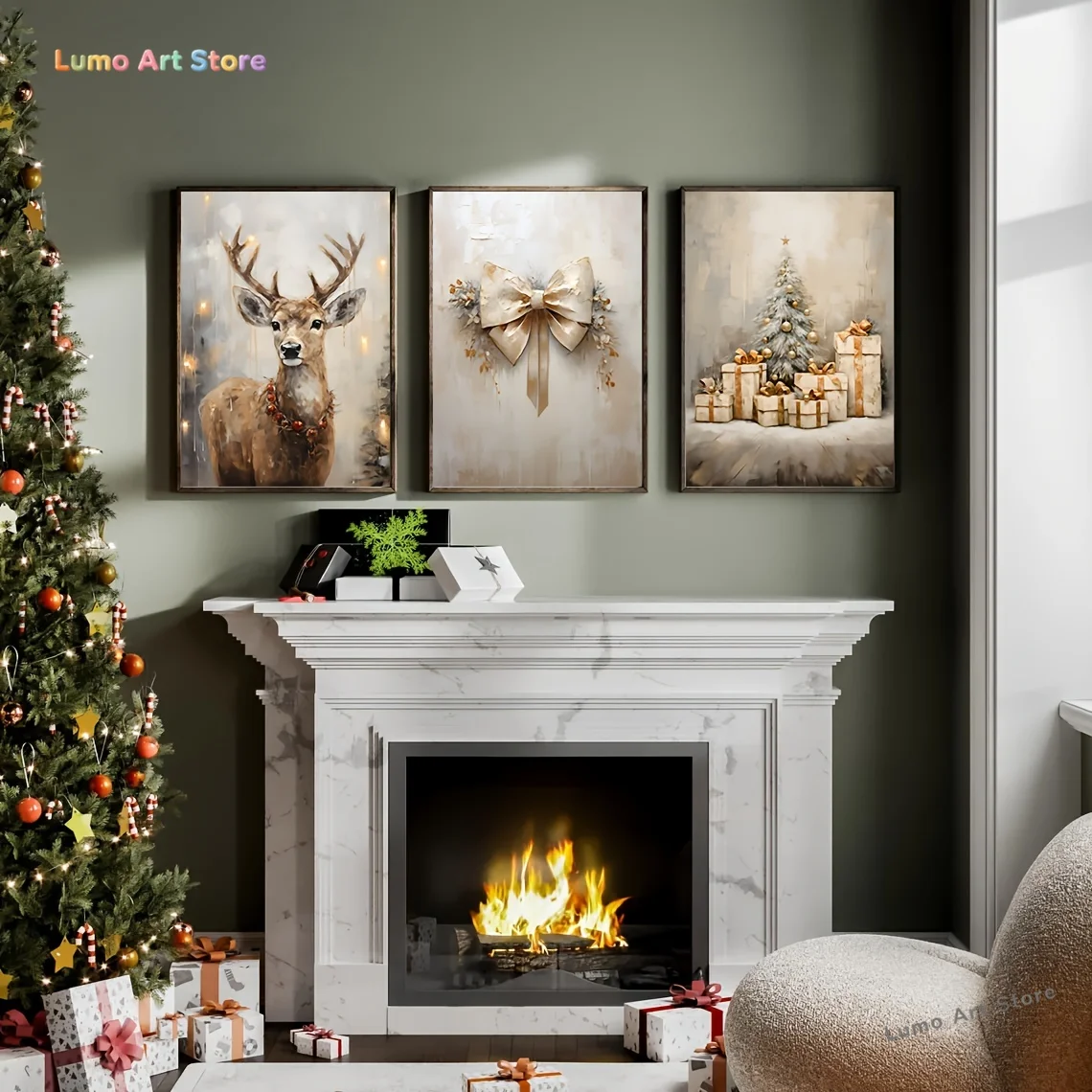 3pcs Modern Minimalist Winter Christmas Wall Art - Snowy Reindeer, Pine & Bow Ink Prints Canvas Suitable for Farmhouse, Apart
