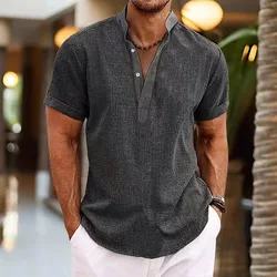 Camisa de manga corta con cuello levantado para hombre, camisa informal de color sólido con diseño de botones, ropa de calle al aire libre, top guapo, tendencia de verano, 2024