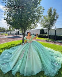 Sage Green Ruched Shoulder Quinceanera Dresses Bead Rhinestones Applique Princess Ball Gown 15 Years Old Birthday Customized