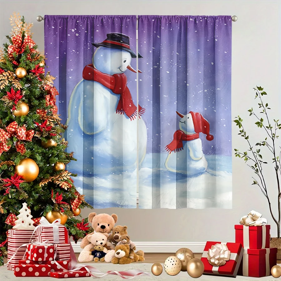 2PCS Christmas Winter Curtains, Snowman Father Son Hat Scarf Purple Snow, Digital Print, Bedroom Living Room, Home Decor