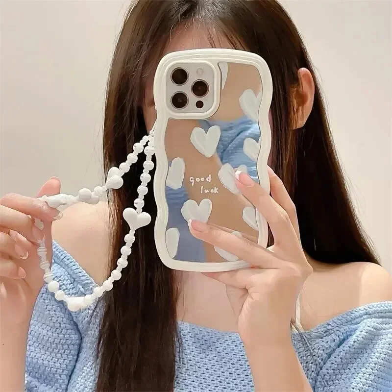 

White Heart Mirror Chain Case for IPhone 14 Promax 131211 Mobile Phone Shell Xr Soft Xs Women