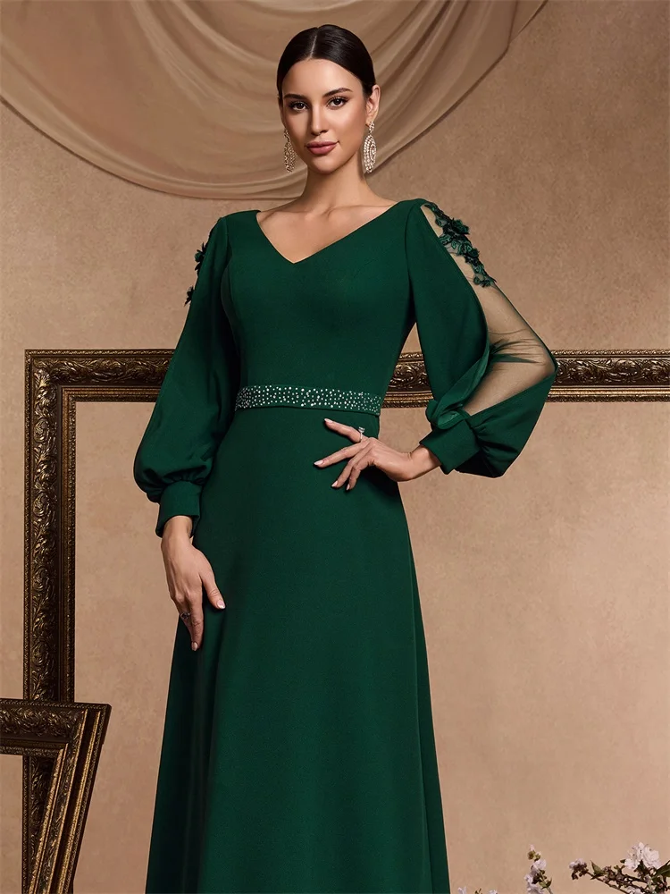 Xuibol luxo applique mangas compridas até o chão verde formal vestido de noite feminino elegante festa de casamento com decote em v cocktail baile