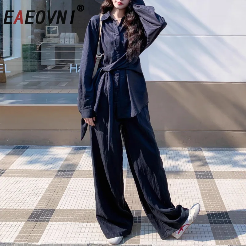 

EAEOVNI Fashion Solid Color 2 Piece Set Women Irregular Gathered Waist Design Blouse Wide Leg Trousers Long Pants Casual Sets