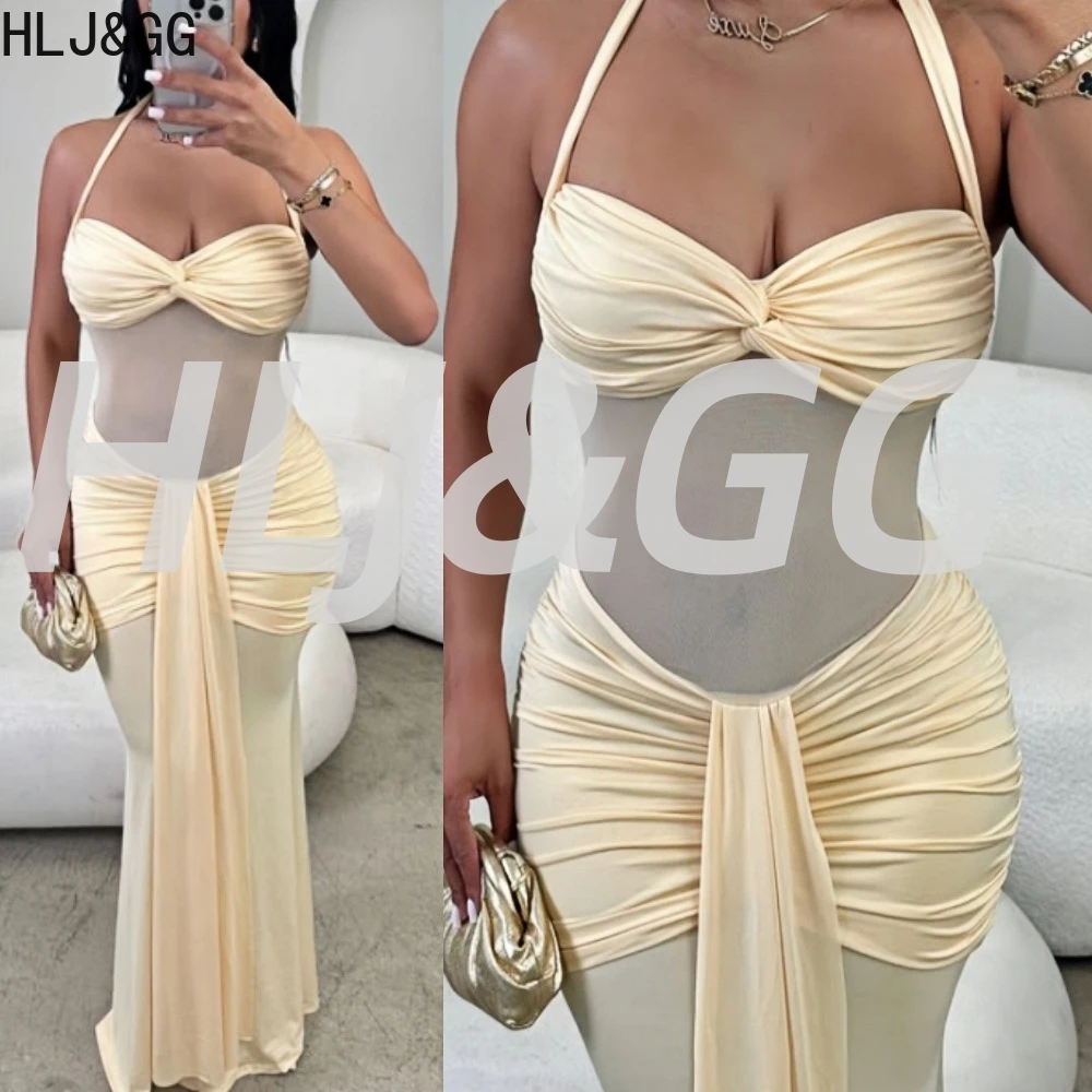

HLJ&GG Sexy Halter Mesh Patchwork Maxi Long Dress Women Sleeveless Backless Slim Vestidos Sexy See Though Ruched Party Clothing