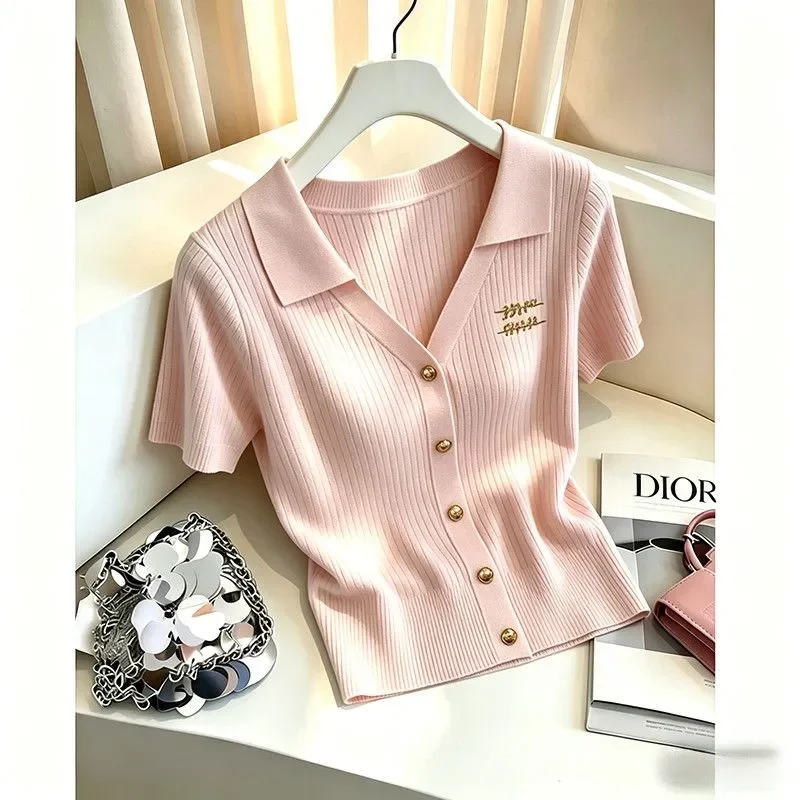 

Summer New Small Perfume V-neck Short Knitwear Knit Cardigan Short Sleeve Outer Wear Design Thin Women Single-breasted Tops Chic