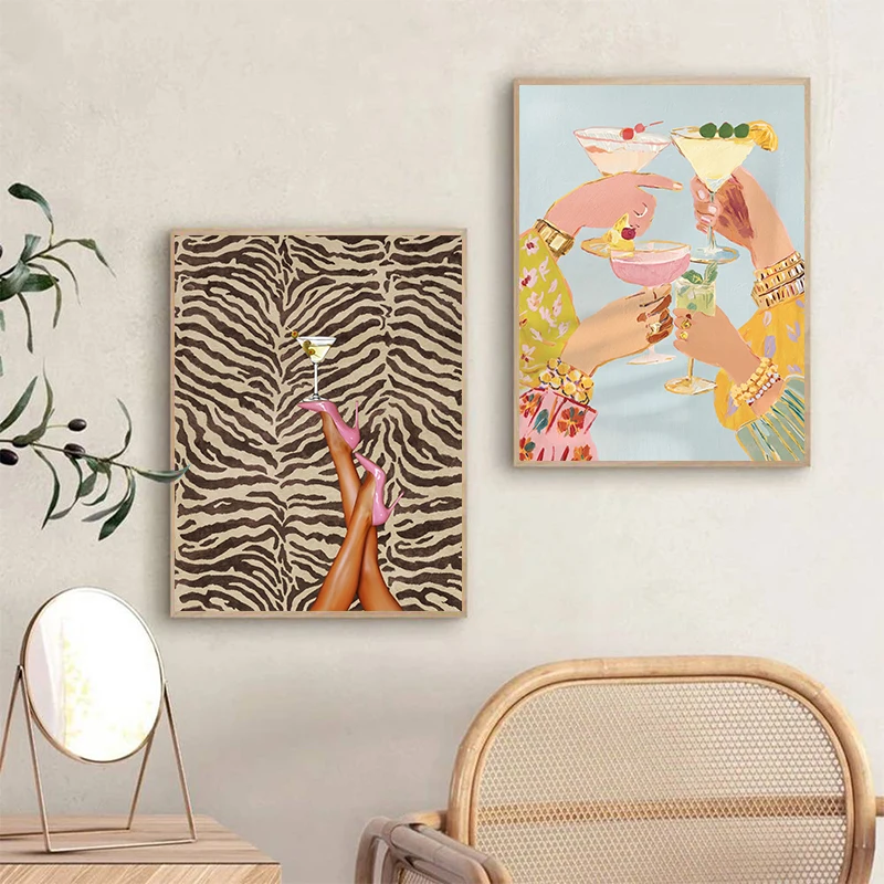 Trendy Cocktail Ladies Wall Art Poster Retro Zebra Print Pink High Heel Canvas Print Fun Bar Kitchen Living Room Home Wall Decor