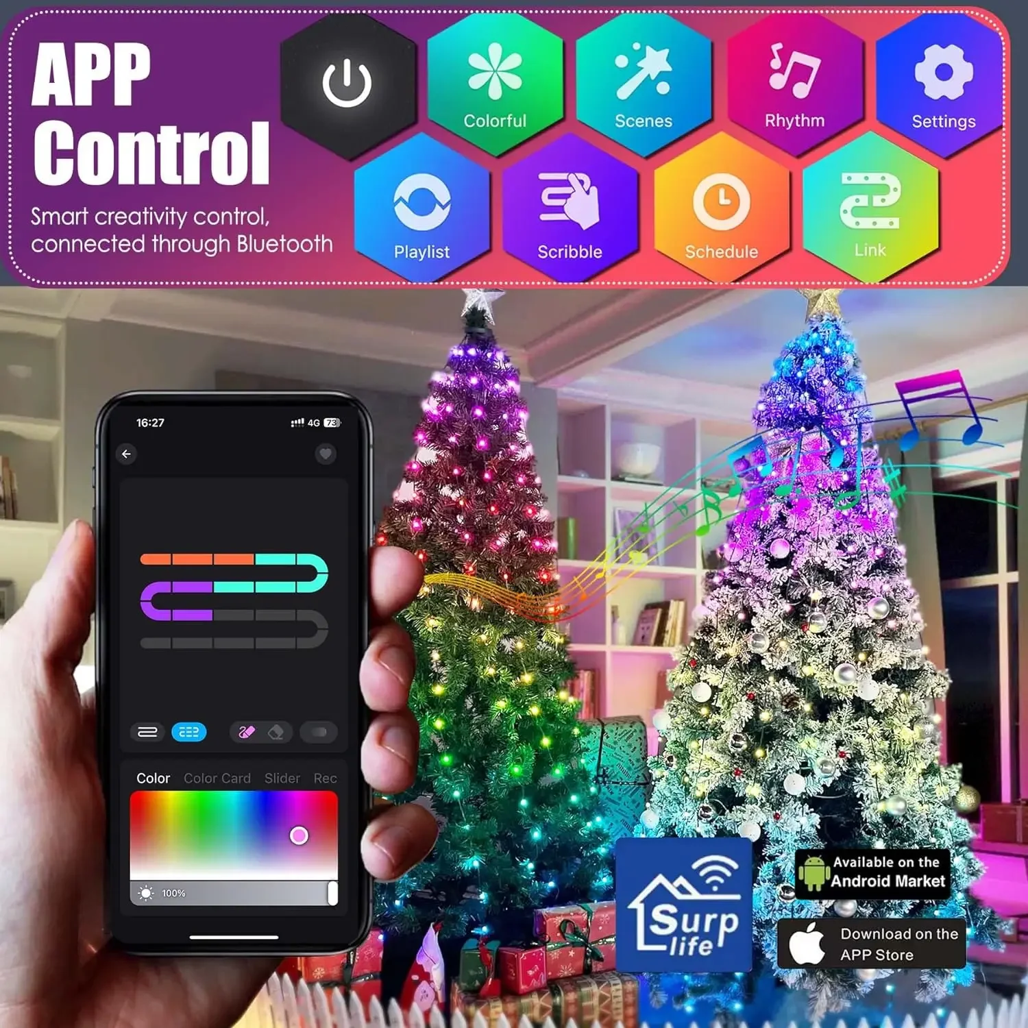 Guirnalda de luces LED con Control remoto para árbol de Navidad, lámpara de guirnalda de festón para fiesta de jardín al aire libre, aplicación inteligente DIY