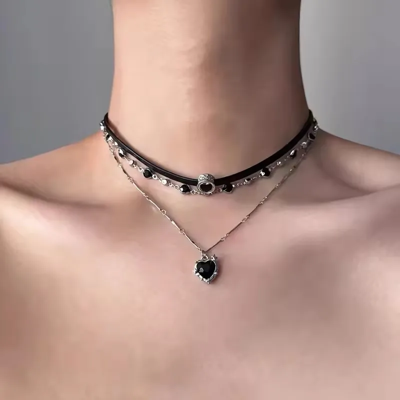 فاسق القوطية Y2k الجرونج متعدد الطبقات الأسود القلب قلادة المختنق سلسلة الترقوة قلادة مجموعة النساء الجمالية مجوهرات EMO اكسسوارات #6