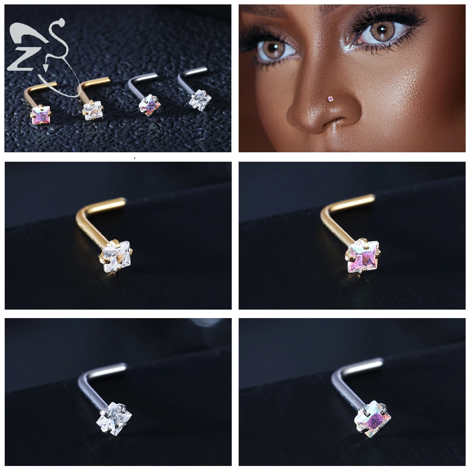 ZS 3-4Pcs/lot Gold Color Stainless Steel Nose Stud Set Heart Star Round Crystal Nose Piercing L Shape Nostril Piercing 18g/20g