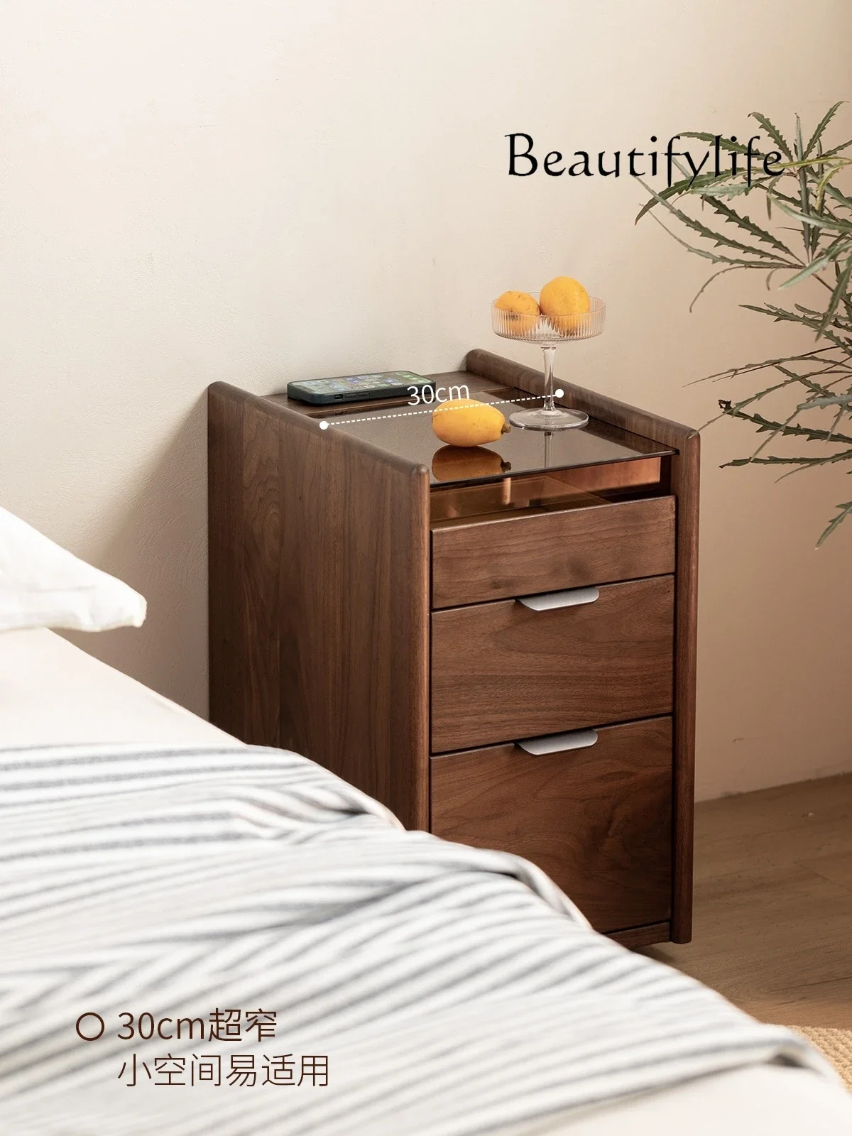 

North America Walnut Wooden Bedhead Solid Wood Wireless Charging Movable Side Storage Narrow Cabinet Bedroom Storage Cabinet