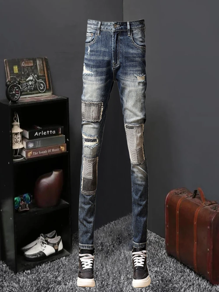 High Quality Mens Trend Splicing Jeans Beggar Patch Retro Designer Streetwear Masculina Hombre Men Denim Jean