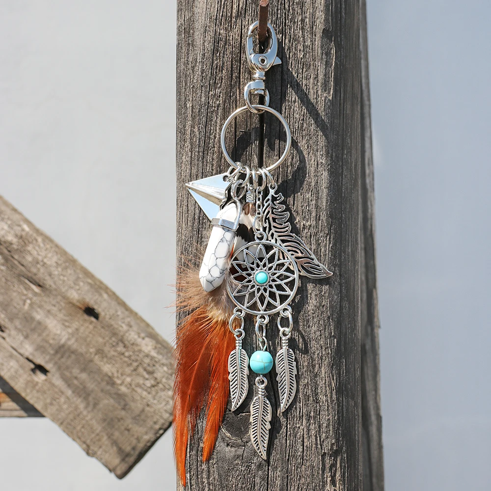 Dreamcatcher Feather Keychain Boho One Piece Crystal Stone Keychains Car Keyring Bag Charm Pendant Jewelry Gifts Ideas for Women