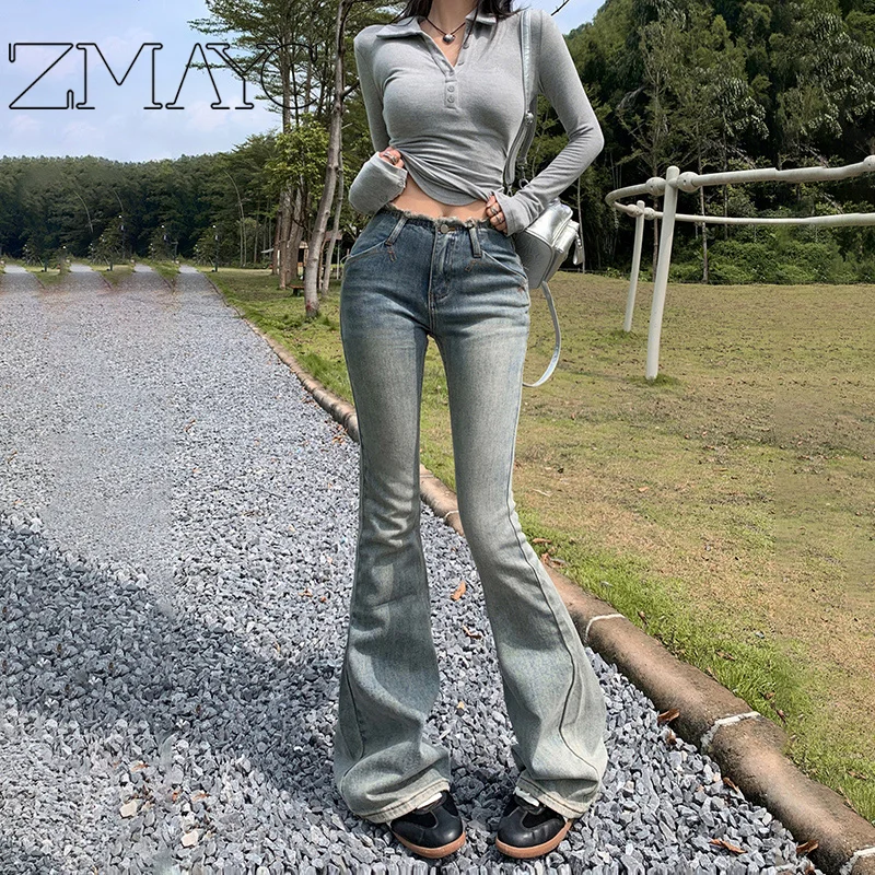 ZMAYC Damen-Jeans mit niedriger Taille, Widerstandsfähigkeit, Mikro-Schlaghose, Retro-Stil, schmale Passform, weibliche Denim-Hose mit rohem Rand und Schlaghose