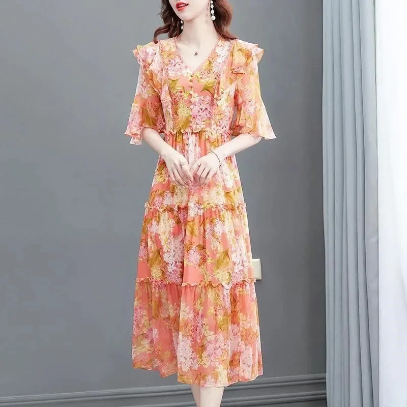 2025 Middle Aged Mother Loose Printing Thin Vestidos Retro Lady Medium Long Styles Long Dresses Summer Femme V-neck Maxi Dress