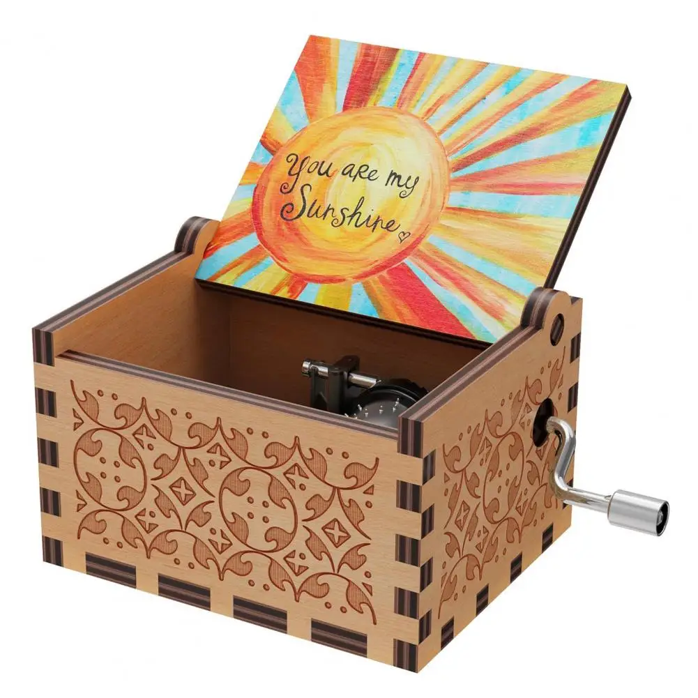 Rotary Handle Wooden Music Box You Are My Sunshine Manual Mini Mechanical Musical Box Birthday Wedding Anniversary Gift