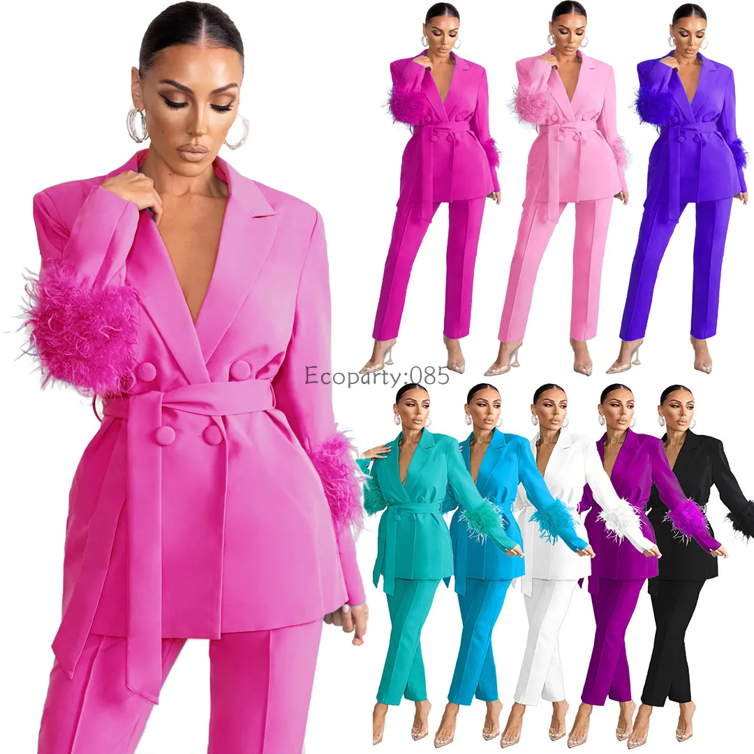 Elegant Women 2 Piece Set Solid Notched Neck Blazer Zipper Long Pants Feather Upright Coat Ladies Suit Fall Winter Office Wear