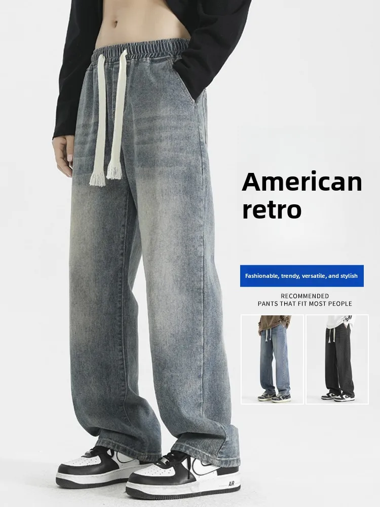 

Retro Blue Men's Jeans Straight Leg Spring Autumn Loose Fit Light Wash Wide Leg Long Trousers Casual Cotton Denim Jeans