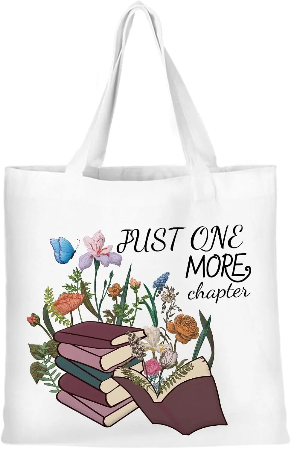 

Literary White Canvas Shoulder Bag Stacked Books Flowers Butterfly Patterns Quotes, Single Shoulder Bag Casual Versatile