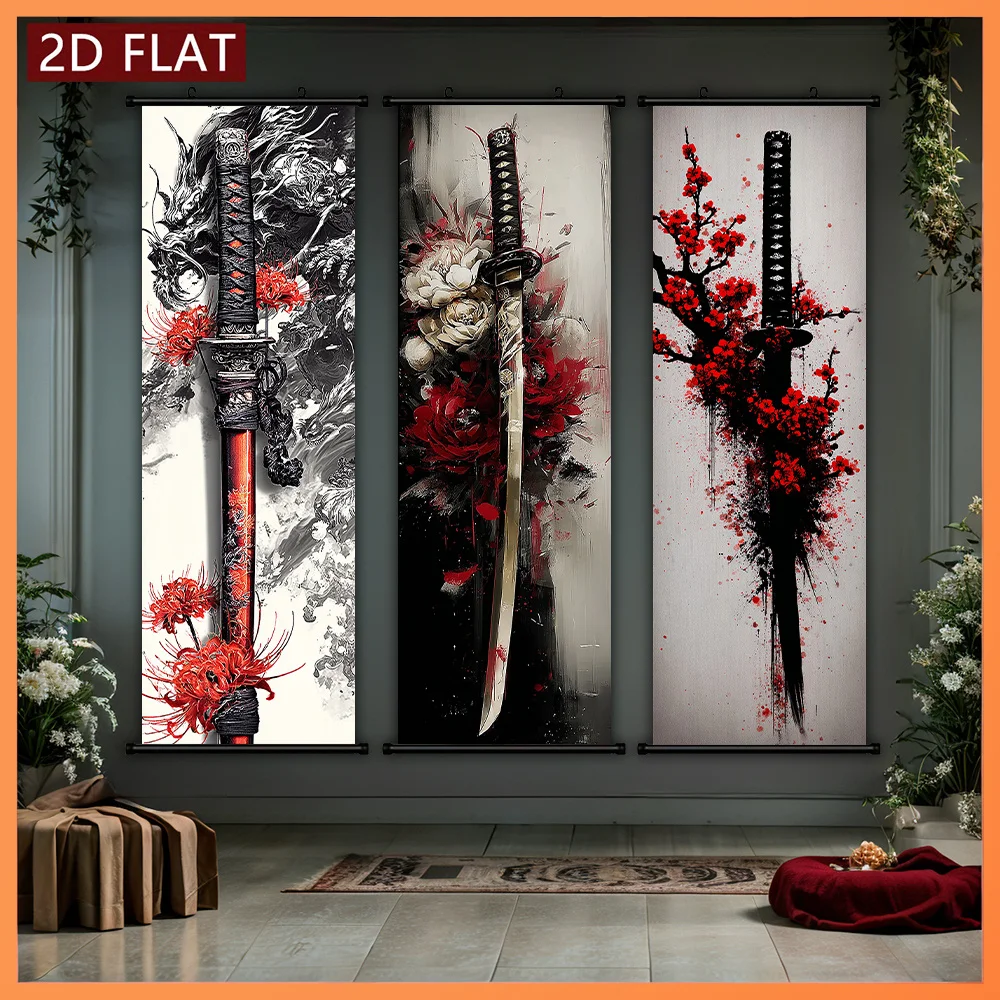 VIKAMA Japanese Samurai Katana Sword 3 Piece Wall Scroll Tapestry Set Ink Splash Wall Art Decor for Living Room Bedroom