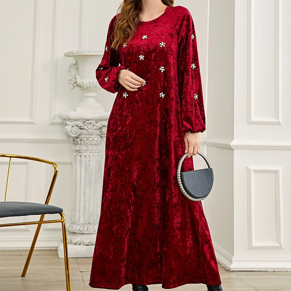 

New Women Abaya Elegant Dubai Turkey Arabic Islamic Muslim Corduroy Dress Turkey Caftan Saudi Muslim Flowers Dresses Robe Dress