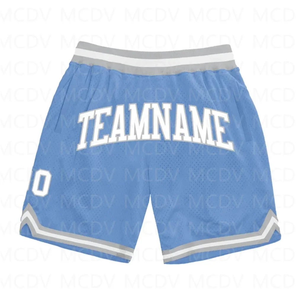 Shorts de basquete azul claro masculino, shorts vermelho-real, retrocesso autêntico impresso em 3D em todo o lado, shorts de praia de secagem rápida, personalizados