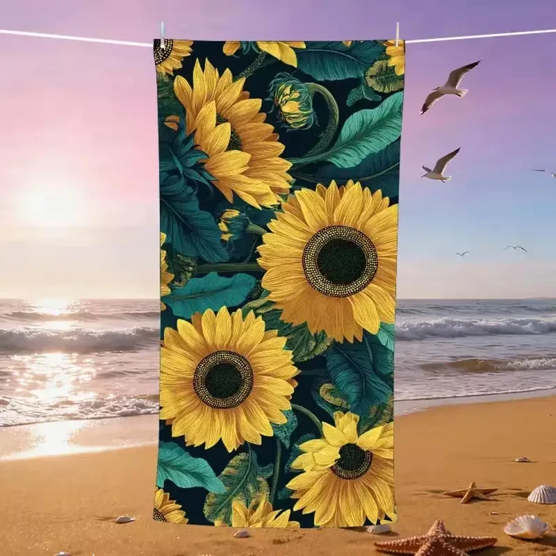 Dark Background Sunflower Print Beach Towel Quick Dry Towel Summer Pool Vacation Travel Shower Blanket