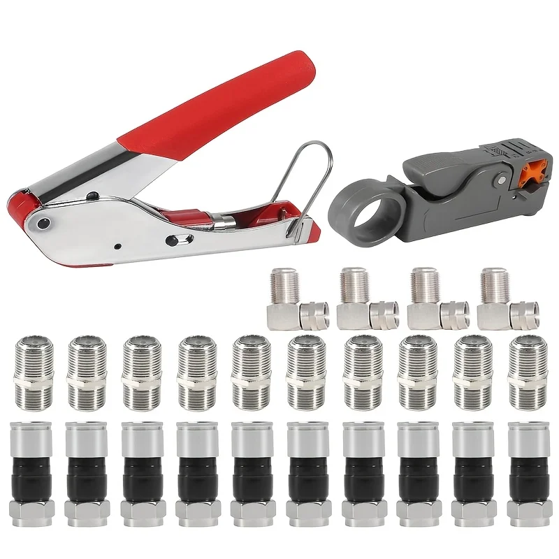 10PCS RG6 Compression Connectors + 10PCS Coaxial Cable Extension Adapter + 4PCS RG6 F Type Female to Male Adapter+Crimper Tool
