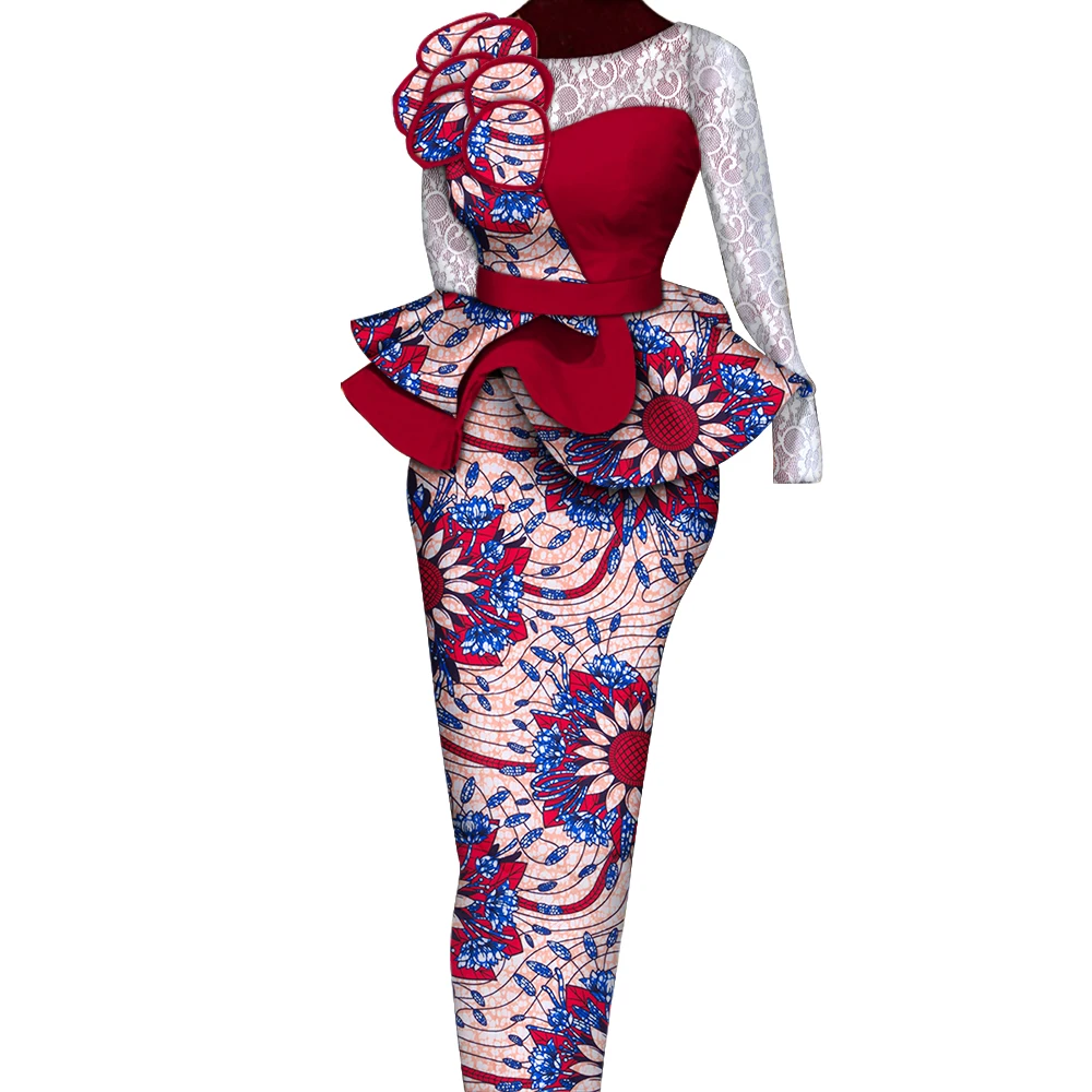 Conjuntos de falda africana, traje de mujer, faldas y Tops largos y rectos con decoración de encaje, ropa tradicional africana Bazin Riche WY6195